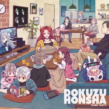 4boys 6+girls aged_down akabane_youko alternate_costume analog_clock animal_hood bangs_pinned_back banksy beer_can black_collar black_hair black_shirt black_skirt black_socks black_sweater blonde_hair blue_pants blue_ribbon brown_hair brown_jacket brown_pants can chair child clock collar commentary_request cooking_pot couch crayon cup cushion dokuzuhonsha dola_(4th_costume)_(nijisanji) dola_(nijisanji) dragon_horns drawing_(action) dress drink_can drinking_glass eating elu_(nijisanji) english_text family fang flower food fuwa_minato game_console gradient_hair green_eyes green_hair grey_eyes grey_hair grey_jacket group_name hair_flower hair_ornament hair_ribbon hanabatake_chaika handheld_game_console hanging_light highres higuchi_kaede higuchi_kaede_(10th_costume) holding holding_can holding_cooking_pot holding_crayon holding_cup holding_cushion holding_food holding_handheld_game_console holding_magazine honma_himawari hood horns hotpot hyakumantenbara_salome hyakumantenbara_salome_(1st_costume) indoors jacket juice kagami_hayato kaida_haru kanae_(nijisanji) kenmochi_touya kitchen kneeling kotatsu kuzuha_(nijisanji) living_room long_hair long_sleeves looking_at_another lying magazine_(object) makaino_ririmu multicolored_hair multiple_boys multiple_girls nabe nijisanji nintendo_64 nintendo_switch on_back on_chair on_couch open_mouth orange_hair orange_horns orange_juice panda_hood pants parody parody_request party photo_(object) picture_frame pinafore_dress pink_dress pink_flower pink_hair pink_jacket plant playstation_1 playstation_4 pointy_ears ponytail poster_(object) poster_parody potted_plant pouring reading red_eyes red_hair red_ribbon ribbon rof-mao rug sasaki_saku sean_uc8 shelf shiina_yuika shirt short_hair sister_claire skirt sleeveless sleeveless_dress smile socks streaked_hair stuffed_toy sunflower sunflower_hair_ornament sweater table television the_shining tsukino_mito turtleneck turtleneck_sweater two-tone_hair under_kotatsu under_table virtual_youtuber watching_television white_socks wooden_chair wooden_table yashiro_kizuku yellow_eyes yellow_jacket yuuki_chihiro
