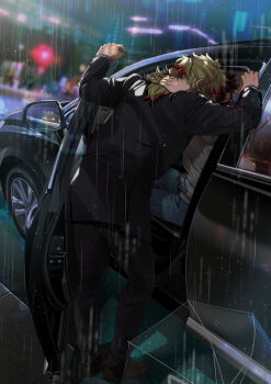 2boys black_jacket black_pants black_suit blonde_hair blue_pants blurry blurry_background brown_shoes car colored_tips contemporary denim depth_of_field formal_clothes from_behind full_body half_updo hashimoto_(yanagi-momo) hug implied_kiss jacket jeans kamado_tanjirou kimetsu_no_yaiba kiss long_hair long_sleeves male_focus motor_vehicle multicolored_hair multiple_boys night outdoors pants ponytail rain red_hair rengoku_kyoujurou shoes short_hair short_ponytail sitting standing streaked_hair suit transparent transparent_umbrella two-tone_hair umbrella white_jacket yaoi