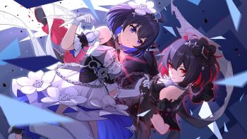 2girls absurdres ahoge bare_shoulders black_dress black_gloves black_hair blue_eyes blue_hair breasts broseele chain chain_around_neck commentary_request dress dual_persona flower gloves hair_flower hair_ornament highres honkai_(series) honkai_impact_3rd medium_breasts multicolored_hair multiple_girls red_eyes red_hair seele_vollerei seele_vollerei_(stygian_nymph) short_hair thighhighs two-tone_hair white_dress white_gloves white_thighhighs