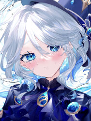 Rule 34 | 1girl, ascot, blue ascot, blue brooch, blue eyes, blue gemstone, blue hair, blue hat, blue jacket, blush, closed mouth, colored inner hair, crying, crying with eyes open, drop-shaped pupils, furina (genshin impact), gem, gen arare, genshin impact, grey hair, hat, heterochromia, hydrokinesis, jacket, light particles, long hair, mismatched pupils, multicolored hair, solo, symbol-shaped pupils, tears, top hat, upper body, water, wavy hair, white background