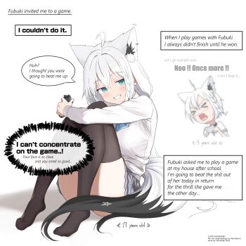 1girl absurdres ahoge alternate_language animal_ear_fluff animal_ear_piercing animal_ears black_thighhighs blue_eyes blush braid commentary_request controller dialogue_box english_text fox_ears fox_girl fox_tail full_body game_controller grey_skirt grin hair_between_eyes highres holding holding_controller holding_game_controller hololive knees long_hair long_sleeves no_shoes pleated_skirt school_uniform shirakami_fubuki shirata98 shirt side_braid sitting skirt smile tail thighhighs translation_request virtual_youtuber white_hair white_shirt