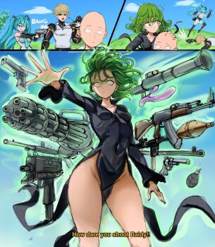 2boys 2girls akm aqua_eyes aqua_hair assault_rifle bald black_dress black_sclera blonde_hair blue_sky breasts colored_sclera commentary cyborg dildo dress energy english_commentary english_text explosive firing fortnite gatling_gun genos green_eyes green_hair grenade groin gun handgun hatsune_miku highres kalashnikov_rifle multiple_boys multiple_girls necktie one-punch_man open_hand parted_lips pelvic_curtain rakeemspoon revision revolver rifle rocket_launcher rpg rpg-7 rpg_(weapon) running saitama_(one-punch_man) sex_toy sky small_breasts submachine_gun tatsumaki thighs uzi_pro vocaloid weapon when_you_see_it yellow_eyes