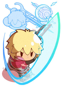 04sora40 1boy afterimage blonde_hair chibi commentary full_body holding holding_weapon male_focus monado nintendo open_mouth short_hair shulk_(xenoblade) simple_background solo super_smash_bros. weapon white_background xenoblade_chronicles_(series) xenoblade_chronicles_1