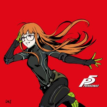 1girl absurdres ahoge arms_up belt black_bodysuit black_legwear blunt_bangs bodysuit da-cart elbow_gloves elbow_pads from_side glasses gloves green_footwear green_gloves hair_spread_out hand_up highres hime_cut leg_up logo long_hair long_sleeves open_mouth oracle_(persona_5) orange_hair outstretched_arm persona persona_5 purple_eyes red_background running sakura_futaba signature simple_background smile solo teeth