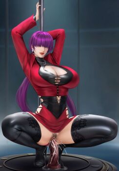 1girl bouncing breasts cleavage clothes_lift clothing_cutout cum curvy deep_penetration dress earrings feet_up female_focus fishnets goatwillow highres huge_breasts jacket jewelry large_breasts latex leather legs_apart lingerie liu_mingxing long_hair long_sleeves object_insertion pale_skin pole pole_dancing ponytail purple_hair pussy shermie_(kof) skirt skirt_lift socks squatting the_king_of_fighters thick_thighs thighs twintails underwear vaginal vaginal_object_insertion wet