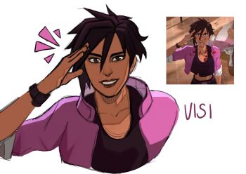 1boy 1girl absurdres belt black_shirt blood blood_on_clothes blood_on_face brown_eyes brown_hair commentary crop_top dark-skinned_female dark_skin dispatch english_commentary face_piercing highres invisigal jacket looking_at_viewer multiple_views nose_piercing nose_ring open_clothes open_jacket parted_lips piercing reference_inset salute shirt smile unvsuai watch