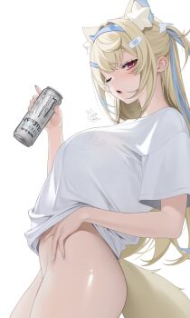 1girl absurdres animal_ears bandaid bandaid_hair_ornament blonde_hair blue_hair blue_hairband bottomless bra breasts can crossed_bangs dog_ears dog_girl dog_tail double-parted_bangs energy_drink extra_ears fake_horns from_side fuwawa_abyssgard hair_between_eyes hair_ornament hairband hairclip hand_on_own_stomach hand_up highres holding holding_can hololive hololive_english horn_hairband horns lace lace-trimmed_bra lace_trim large_breasts long_hair looking_at_viewer monster_energy multicolored_hair oikomia one_eye_closed open_mouth parallel_hairclips pink_eyes see-through_clothes see-through_shirt shirt simple_background solo streaked_hair t-shirt tail two_side_up underwear virtual_youtuber white_background white_shirt