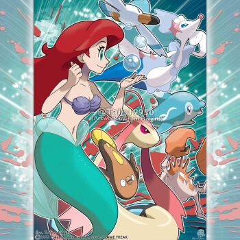 1girl ariel_(disney) artist_name bikini breasts bubble cleavage closed_mouth collarbone commentary company_name copyright_notice dive_ball english_commentary eyelashes from_side gen_1_pokemon gen_3_pokemon gen_5_pokemon gen_7_pokemon green_eyes hair_ornament instagram_username kingler long_hair merchandise_available mermaid milotic monster_girl multicolored_eyes navel nintendo official_style open_mouth outline palafin palafin_(zero) poke_ball pokemon pokemon_(creature) primarina red_hair shell shell_bikini smile star_(symbol) star_hair_ornament stunfisk swimsuit the_little_mermaid_(disney) tom_higgins two-tone_eyes watermark white_outline wingull