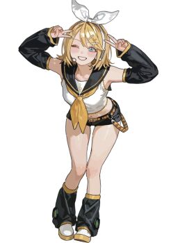 1girl bare_shoulders belt black_shorts blonde_hair blue_eyes blush bow commentary_request detached_sleeves double_v grin h4sh1rnoto hair_bow hair_ornament hairclip headset highres kagamine_rin leaning_forward leg_warmers looking_at_viewer navel neckerchief one_eye_closed open_mouth parallel_hairclips ribbon sailor_collar shirt short_hair shorts smile solo standing treble_clef v vocaloid white_bow yellow_belt yellow_neckerchief yellow_trim