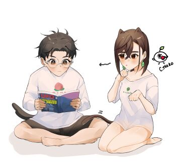 Rule 34 | 1boy, 1girl, absurdres, animal ears, ayase momo, bare legs, barefoot, black hair, black shorts, black tail, blush, book, breasts, brown eyes, brown hair, cat ears, cat girl, closed mouth, dandadan, dog boy, dog ears, dog tail, earrings, feet, glasses, hachi (chisano hako), highres, holding, holding book, jewelry, long sleeves, shirt, short hair, shorts, t-shirt, tail, takakura ken (dandadan), toes, tongue, tongue out, white background, white shirt