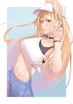 1girl abs absurdres arms_up baseball_cap black_choker blue_nails blue_pants blush breasts choker double_v fingernails floating_hair from_above hat highres hip_bones kitagawa_marin long_hair looking_at_another medium_breasts multicolored_hair navel noshiro_tomoya out_of_frame pants red_eyes shirt sidelocks sono_bisque_doll_wa_koi_wo_suru stomach tank_top tied_shirt undershirt upper_body v very_long_hair white_hat white_tank_top