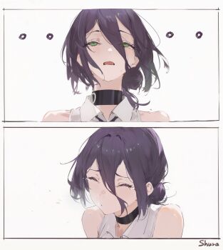 1girl black_choker black_ribbon blouse blowing_nose chainsaw_man choker closed_eyes green_eyes grenade_pin hair_between_eyes hair_bun highres long_hair_between_eyes neck_ribbon reze_(chainsaw_man) ribbon shirt shirt_tucked_in shuraillusts single_hair_bun sleeveless sleeveless_shirt sneezing snot white_shirt