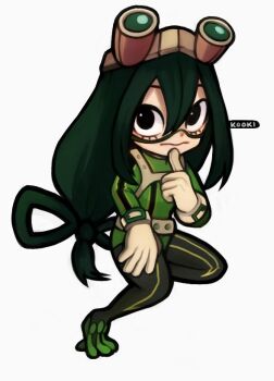 1girl asui_tsuyu black_eyes bodysuit boku_no_hero_academia chibi chibi_only commentary english_commentary full_body green_bodysuit hair_between_eyes kookirani long_hair looking_at_viewer simple_background solo very_long_hair white_background