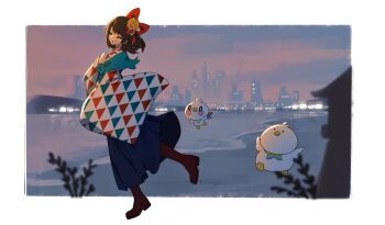 1girl absurdres beach blue_capelet blue_hakama bob_cut boots bow brown_boots capelet closed_eyes commentary dawn english_commentary facing_viewer flower full_body grin hair_bow hair_flower hair_ornament hakama hakama_skirt hakimen hand_up highres hololive japanese_clothes kanzashi kimono official_alternate_costume oozora_subaru oozora_subaru_(new_year) outdoors print_kimono red_bow single_sleeve_past_fingers skirt smile solo subatomo_(big) subatomo_(small) uroko_(pattern) wide_sleeves