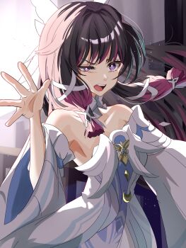 1girl absurdres bare_shoulders black_hair breasts chuuna_(unagiunazy) collarbone columbina_(genshin_impact) commentary_request detached_sleeves dress genshin_impact hair_ribbon highres indoors long_hair looking_at_viewer medium_breasts multicolored_hair open_mouth purple_eyes purple_hair ribbon solo strapless strapless_dress streaked_hair two-tone_hair white_dress white_ribbon wide_sleeves