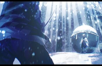 2boys black_pants checkered_haori forest fox_mask from_behind full_body haori highres holding holding_sword holding_weapon japanese_clothes kamado_tanjirou katana kikkoumon kimetsu_no_yaiba legs_apart long_hair male_focus mask multiple_boys nature orange_hair pants sabito_(kimetsu) sandals snow standing sword weapon white_haori yuui._(merefuseka)