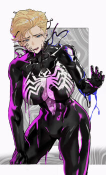 1girl abs absurdres animal_print artist_name blonde_hair blue_eyes breasts commentary english_commentary highres large_breasts marvel open_mouth park_ongjol sharp_teeth she-venom solo spider-man_(series) spider_print sweat symbiote teeth venom_(marvel)