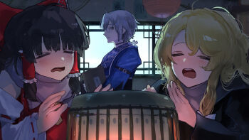 1boy 2girls ascot bare_shoulders black_choker black_coat blonde_hair blue_kimono bow box braid brown_hair cardboard_box choker closed_eyes coat detached_sleeves eneshi frilled_bow frilled_hair_tubes frills glasses grey_hair grey_scarf hair_bow hair_tubes hakurei_reimu heater highres holding holding_box indoors japanese_clothes kerosene_heater kimono kirisame_marisa kourindou morichika_rinnosuke multiple_girls red_bow ribbon-trimmed_sleeves ribbon_trim scarf side_braid single_braid touhou warming warming_hands white_bow white_scarf yellow_ascot yellow_eyes