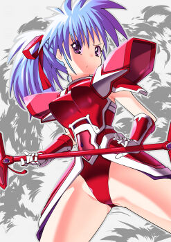 Rule 34 | 1girl, absurdres, armor, armored leotard, blue eyes, blue hair, breastplate, closed mouth, corque lans, cowboy shot, faussete amour, gauntlets, highleg, highleg leotard, highres, holding, holding polearm, holding weapon, leotard, long hair, looking at viewer, pauldrons, pink armor, polearm, ponytail, red leotard, retro artstyle, shoulder armor, solo, standing, toku sonchou, weapon