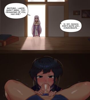 1boy 2girls assertive_female athos_(athosart) black_hair blue_hair blue_pubic_hair blush brother_and_sister clothed_sex colored_pubic_hair commission commissioner_upload desk door english_text fellatio fire_emblem fire_emblem:_genealogy_of_the_holy_war fire_emblem_heroes hetero highres julia_(fire_emblem) larcei_(fire_emblem) long_hair looking_at_viewer male_pubic_hair motion_lines multiple_girls nintendo open_mouth oral penis pink_hair pov pubic_hair seliph_(fire_emblem) short_hair siblings smile speech_bubble stealth_fellatio stealth_sex talking uncensored under_table