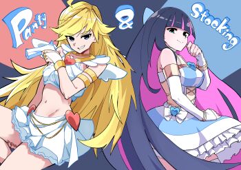 absurdres armband black_hair blonde_hair blue_skirt breasts hanten_(hantennano) highres long_hair looking_at_viewer medium_breasts midriff multicolored_hair navel panty_&amp;_stocking_with_garterbelt panty_(psg) skirt small_breasts smile smirk stocking_(psg) streaked_hair tank_top thighs white_skirt white_tank_top