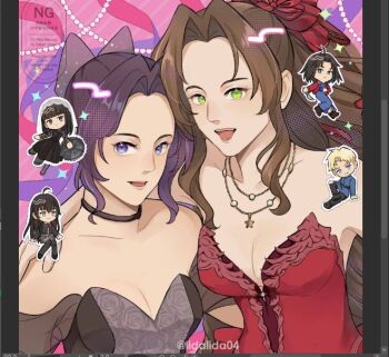 1boy 5girls aerith_gainsborough aerith_gainsborough_(red_dress) ahoge arm_around_shoulder art_program_in_frame bare_shoulders black_choker black_dress black_hair black_jacket black_pants black_pantyhose black_shoes black_thighhighs blonde_hair blue_eyes blue_jacket blue_kimono blunt_bangs breasts butterfly_hair_ornament chibi chibi_inset choker cleavage commentary dress english_commentary final_fantasy final_fantasy_vii final_fantasy_vii_remake flamenco_dress flower green_eyes grey_dress grey_eyes hair_flower hair_ornament hair_ribbon hayami_saori holding holding_knife holding_saw holding_weapon jacket japanese_clothes jewelry kara_no_kyoukai kimetsu_no_yaiba kimono knife kochou_shinobu lace lace_sleeves lida_(lidalida04) long_hair looking_at_viewer medium_breasts medium_hair multiple_girls multiple_necklaces necklace off-shoulder_dress off_shoulder official_alternate_costume open_mouth osaragi_(sakamoto_days) pants pantyhose parted_bangs plaid_clothes plaid_skirt ponytail purple_eyes purple_hair rafal_(chi.) red_dress red_flower red_jacket red_ribbon ribbon ryougi_shiki sakamoto_days sakamoto_maaya school_uniform shoes short_hair sidelocks skirt smile sobu_high_school_uniform star_(symbol) star_necklace strapless strapless_dress thighhighs twitter_username updo upper_body veil voice_actor weapon white_veil yahari_ore_no_seishun_lovecome_wa_machigatteiru. yukinoshita_yukino