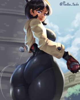 1girl angry ass ass_focus black_hair bodysuit building cloud cloudy_sky dark-skinned_female dark_skin emma_(pokemon) jacket lips long_sleeves nintendo pantos_tado poke_ball pokemon pokemon_legends:_z-a purple_eyes short_hair sky