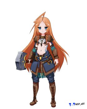 1girl absurdres age_regression aged_down ahoge amulet arm_guards armor artist_name belt bikini bikini_top_only blue_eyes blue_pants boots bracer braid brown_boots closed_mouth clothing_cutout commission commissioner_upload front-tie_top frown full_body genderswap genderswap_(mtf) god_of_war god_of_war_ragnarok hammer highres holding holding_hammer holding_weapon huge_ahoge jewelry long_hair looking_at_viewer midriff nisp_art norse pants pauldrons pendant red_hair ring russian_commentary scar scar_on_face shoulder_armor shoulder_pads standing stomach stomach_cutout swimsuit tattoo thor_(god_of_war) twin_braids weapon white_background