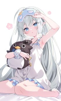 1girl :o ahoge armpits blue_eyes collarbone commentary extra_pupils eye_mask fang female_tyrant_(stella_sora) flat_chest frilled_nightgown grey_hair highres holding holding_stuffed_toy jewelry key key_necklace light_blush long_hair making-of_available mask necklace nightgown open_mouth pajamas pointy_ears scrunchie simple_background sitting slippers solo stella_sora stuffed_animal stuffed_penguin stuffed_toy tyrant_(stella_sora) umen_n very_long_hair wariza white_background white_nightgown white_slippers wrist_scrunchie