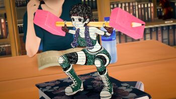 Rule 34 | 1girl, 1other, 3d, black hair, blurry, blurry background, book, bookshelf, boots, breasts, collarbone, colored skin, commentary, english commentary, eraser, exercising, fingerless gloves, full body, gloves, green boots, green shorts, green sports bra, headband, highres, indoors, koikatsu (medium), lined paper, midriff, mini person, minigirl, open book, original, pencil, ratstack, red headband, short hair, shorts, solo focus, sports bra, stuffed animal, stuffed toy, sully (ratstack), sweat, teddy bear, towel, towel around neck, weightlifting, white skin