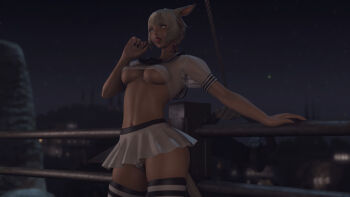 1girl 3d animal_ears black_nails breasts candy cat_ears cat_tail crop_top dark-skinned_female dark_skin female_pubic_hair final_fantasy final_fantasy_xiv food highleg highleg_panties highres limsa_lominsa medium_breasts miqo&#039;te nail_polish navel night night_sky panties pubic_hair school_uniform short_hair skirt sky solo striped_legwear tail tan thick_thighs thighs underboob underwear white_eyes white_hair wide_hips y&#039;shtola_rhul