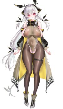 1girl 3: absurdres adapted_costume alternate_breast_size_(larger) arknights bare_shoulders black_ribbon blush breasts brown_leotard brown_pantyhose bursting_breasts covered_navel crotchless crotchless_pantyhose detached_sleeves frown full_body grey_shoes groin hair_ribbon hairband highleg highres jewelry leotard long_hair long_sleeves looking_at_viewer low-tied_long_hair luhuaic nipples pantyhose red_eyes ribbon see-through_clothes shoes sideboob sidelocks simple_background skindentation solo standing tail thighlet undersized_clothes very_long_hair weedy_(arknights) white_background white_hair white_hairband