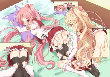 2girls absurdres ass bed bed_sheet black_thighhighs blonde_hair blush bow breasts brown_eyes candy_hair_ornament commentary_request commission fang food-themed_hair_ornament hair_bow hair_ornament hair_ribbon hidan_no_aria highres kanzaki_h._aria kneehighs kneeling long_hair long_sleeves looking_back lying mine_riko miniskirt motion_lines multiple_girls multiple_views nervous ofuchobetto_shirai on_stomach open_mouth pillow pink_hair pixiv_commission pleated_skirt red_eyes ribbon school_uniform serafuku shaking shirt sitting sitting_on_leg skirt smile socks sweat tears thighhighs tickling tickling_legs tongue twintails two_side_up very_long_hair wariza white_socks yuri