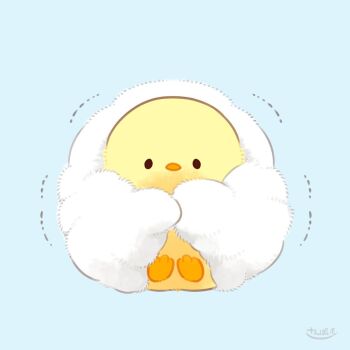 animal animal_focus baby_animal bird blue_background chick chicken commentary_request looking_at_viewer mofupiyo motion_lines no_humans original simple_background wrapped_in_blanket