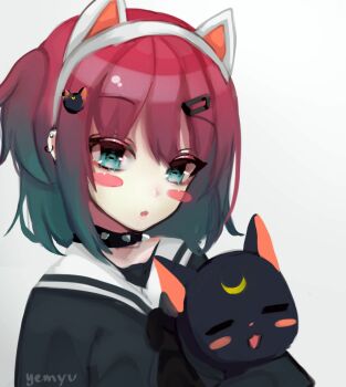 1girl animal animal_ear_hairband animal_ears black_choker blue_eyes blush_stickers cat cat_ear_hairband cat_ears choker cloud_(lufaeris) commentary english_commentary fake_animal_ears gradient_hair hairband looking_at_viewer multicolored_hair open_mouth original red_hair shirt short_hair simple_background solo spiked_choker spikes upper_body white_background