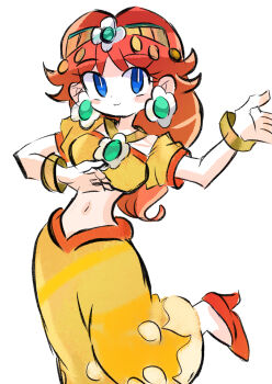 1girl absurdres arabian_clothes blue_eyes brown_hair earrings flower_earrings hair_ornament harem_pants highres jewelry long_hair looking_at_viewer mario_(series) mario_kart mario_kart_world midriff nintendo orange_shoes pants princess_daisy princess_daisy_(oasis) rakugaki_shitagari-ya shoes simple_background white_background