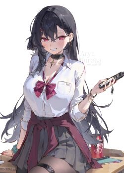 1girl absurdres belt black_choker black_hair black_skirt bow bowtie breast_pocket breasts brown_pantyhose can choker cleavage clothes_around_waist collared_shirt commentary desk dr_pepper drink_can grin hair_ornament hairclip high-waist_skirt highres jacket jacket_around_waist kuroha_arya long_hair long_sleeves looking_at_viewer medium_breasts miniskirt on_desk pantyhose pleated_skirt pocket red_eyes red_jacket shirt shirt_tucked_in simple_background sitting skirt smile soda_can solo thigh_belt thigh_strap virtual_youtuber vspo! vspo!_en white_background white_shirt ye_jji