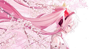 1girl cherry_blossoms cherry_hair_ornament commentary_request falling_petals flower food-themed_hair_ornament from_side hair_ornament hatsune_miku headset highres long_hair necktie official_alternate_costume petals pink_eyes pink_flower pink_hair pink_necktie pink_petals pink_trim sabata_han sakura_miku shirt sleeveless sleeveless_shirt solo twintails upper_body very_long_hair vocaloid white_background