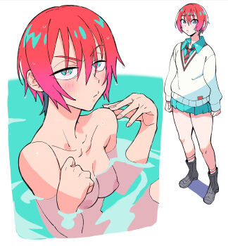 1girl amate_yuzuriha bathing blush breasts completely_nude dual_persona green_eyes gundam gundam_gquuuuuux hair_between_eyes highres necktie norinco nude partially_submerged red_hair short_hair simple_background small_breasts wet wet_hair white_background