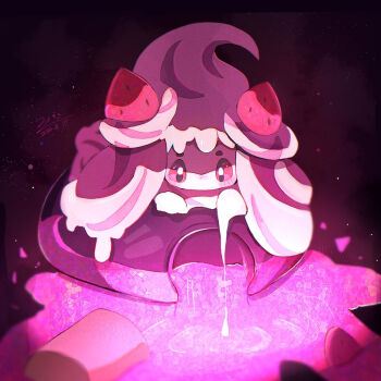 1girl alcremie alcremie_(strawberry_sweet) alcremie_(vanilla_cream) bottle commentary_request dripping food food-themed_hair_ornament fruit gen_8_pokemon glowing hair_ornament liquid long_hair looking_down mimori_(mimori0189) nintendo pink_theme pokemon pokemon_(creature) red_eyes solo sparkle strawberry strawberry_hair_ornament