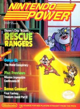 3boys capcom cat chip_&#039;n_dale_rescue_rangers chip_&#039;n_dale_rescue_rangers_(game) chip_(disney) chip_n_dale chipmunk coat cover dale_(disney) evil_grin evil_smile facial_hair fat_cat grin hat hawaiian_shirt looking_at_viewer magazine_(object) magazine_cover mickey_mouse_&amp;_friends multiple_boys mustache nintendo nintendo_power shirt smile spotlight squirrel
