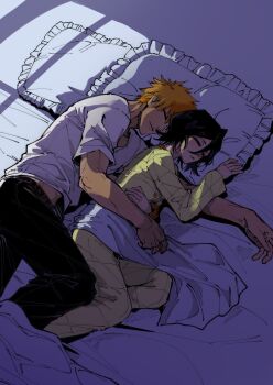 Rule 34 | 1boy, 1girl, black hair, blanket, bleach, commentary, english commentary, hair between eyes, kuchiki rukia, kurosaki ichigo, lying, on side, orange hair, pajamas, pillow, shirt, silegesi, sleeping, t-shirt, white shirt, yellow pajamas