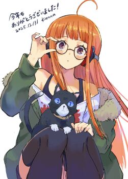 1girl :o adjusting_eyewear ahoge animal animal_on_lap artist_name bare_shoulders behind-the-head_headphones black-framed_eyewear black_cat black_tank_top black_thighhighs blunt_bangs blush cat cat_on_lap commentary_request dated feet_out_of_frame fingernails fur-trimmed_jacket fur_trim glasses green_jacket hand_on_eyewear hand_on_own_knee hand_up headphones highres jacket jacket_partially_removed kanna_nijiniji knees_up long_hair long_sleeves looking_at_viewer morgana_(cat)_(persona_5) morgana_(persona_5) off-shoulder_shirt off_shoulder on_lap open_clothes open_jacket orange_hair parted_lips persona persona_5 purple_eyes sakura_futaba shirt sidelocks sitting straight_hair tank_top thighhighs translation_request tuxedo_cat white_shirt