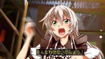 1girl ahoge apron black_apron blush bow bowtie checkered_bow checkered_bowtie checkered_clothes chopsticks commentary_request green_eyes grey_hair hair_between_eyes haiyore!_nyaruko-san hand_up holding holding_chopsticks indoors kamen_rider kamen_rider_build_(series) long_hair looking_ahead motion_blur nyarlathotep_(nyaruko-san) open_mouth parody puffy_short_sleeves puffy_sleeves shirt short_sleeves solo teeth translation_request upper_body upper_teeth_only v-shaped_eyebrows white_shirt yuto_(dialique)