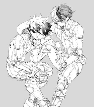 >:( 2boys aqua_eyes arm_on_knee arm_on_thigh arm_rest belt between_legs bodysuit boku_no_hero_academia boots breath bright_pupils cross-laced_footwear elbow_pads feet_out_of_frame floating_clothes floating_hair freckles from_side frost gloves grey_background greyscale hair_between_eyes hand_between_legs hand_up heterochromia high_collar highres holding_thumb knee_boots knee_pads knee_up long_bangs looking_ahead looking_to_the_side male_focus mask mask_around_neck midoriya_izuku mismatched_pupils monochrome mouth_mask multicolored_hair multiple_boys on_rock own_hands_together parted_hair profile rock rubble sanpaku scar scar_on_face scratches serious short_hair shoulder_pads side-by-side sideways_glance simple_background sitting three-quarter_sleeves slouching split-color_hair split_mouth straight_hair tennen_hz todoroki_shoto utility_belt v-shaped_eyebrows v_arms white_pupils wind