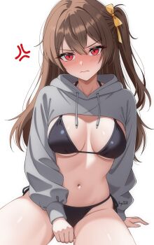 Rule 34 | 1girl, absurdres, anger vein, bikini, black bikini, blush, breasts, brown hair, drawstring, embarrassed, grey shrug, hair ribbon, highres, hooded shrug, iris angel12xii, medium breasts, navel, nose blush, one side up, original, red eyes, revision, ribbon, shrug (clothing), side-tie bikini bottom, simple background, sitting, solo, swimsuit, white background