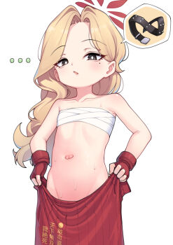 Rule 34 | 1girl, aged down, akemi (blue archive), black eyes, blonde hair, blue archive, chest sarashi, delinquent, fingerless gloves, flat chest, fluffy hair, gloves, halo, highres, isinose (ilxodidli), long hair, navel, oversized clothes, red gloves, red halo, sarashi, solo, sukeban