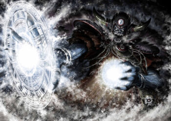 Rule 34 | 1boy, armor, black nails, bloodshot eyes, blue skin, bracelet, casting spell, chain, colored skin, commentary request, dragon quest, dragon quest iii, fake horns, fingernails, helmet, horned helmet, horns, jewelry, magic, magic circle, male focus, monster, monster focus, necklace, no humans, open mouth, orange robe, pauldrons, reservoirdogskozou, ring, robe, sharp fingernails, sharp teeth, shoulder armor, skull necklace, slit pupils, solo, teeth, third eye, white eyes, zoma