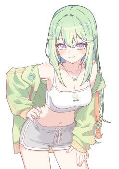 1girl absurdres bare_shoulders blush breasts butterfly_necklace camisole cleavage closed_mouth clover commentary_request cowboy_shot crop_top daltokki34 dolphin_shorts double-parted_bangs drawstring fingernails four-leaf_clover green_hair green_jacket grey_shorts hair_ornament hairclip hand_on_own_hip hand_on_own_thigh highres jacket jewelry korean_commentary large_breasts leaning_forward long_hair long_sleeves looking_at_viewer multicolored_eyes navel necklace off_shoulder open_clothes open_jacket paw_print purple_eyes purple_pupils short_shorts shorts simple_background smile solo sparkle standing stellive stomach straight_hair tied_drawstring two-tone_eyes virtual_youtuber white_background white_camisole yuzuha_riko