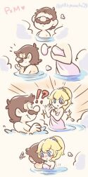 Rule 34 | 1boy, 1girl, bath, bath towel, blonde hair, blue eyes, blush, breasts, brown hair, cleavage, facial hair, looking at another, mario, mario (series), mustache, nervous, nintendo, ponytail, princess peach, smile, speech bubble, sweat, translation request, water, wet
